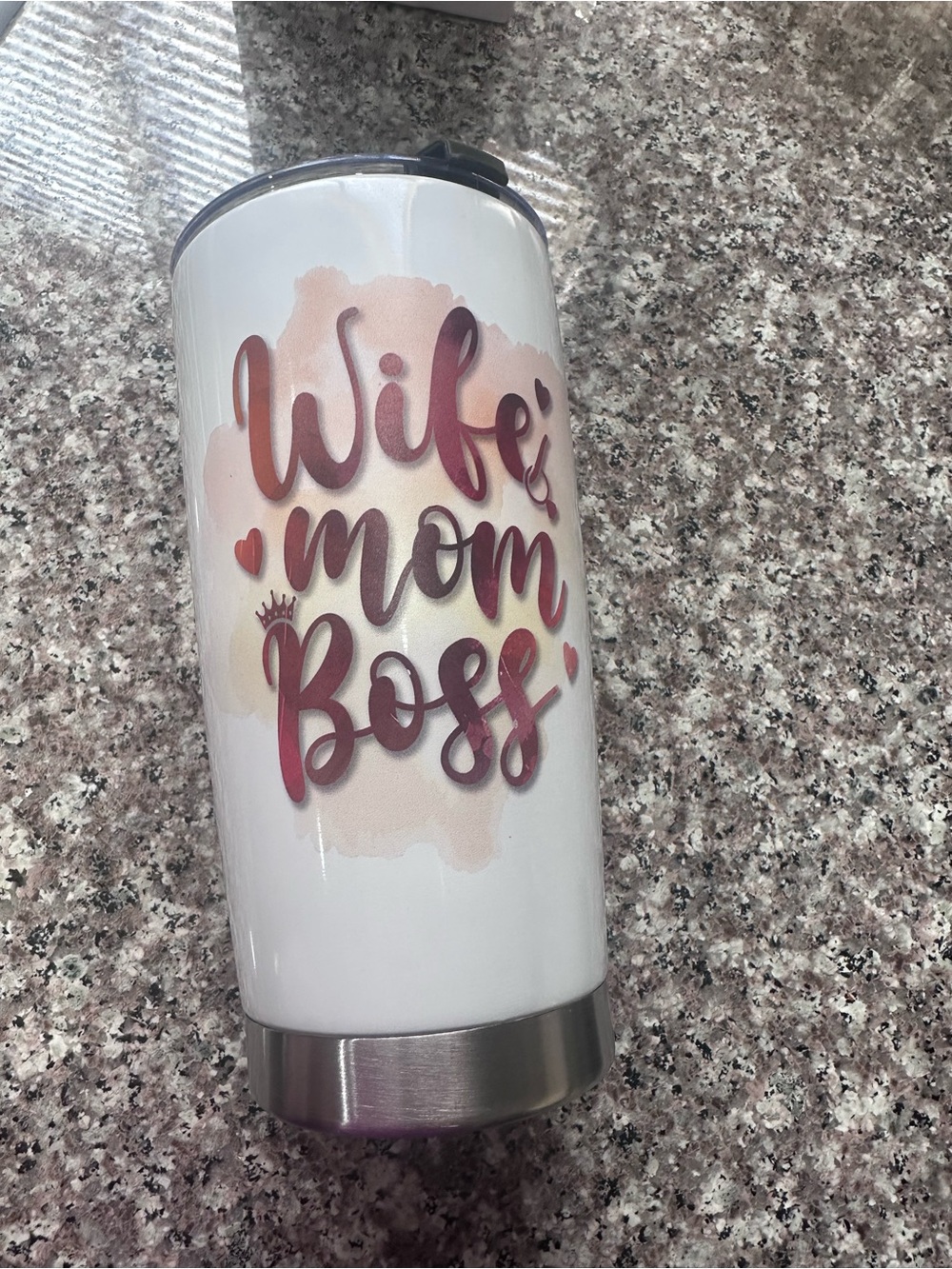 Wife Mom Boss Stainless Steel Travel Tumbler - White with Pink Script